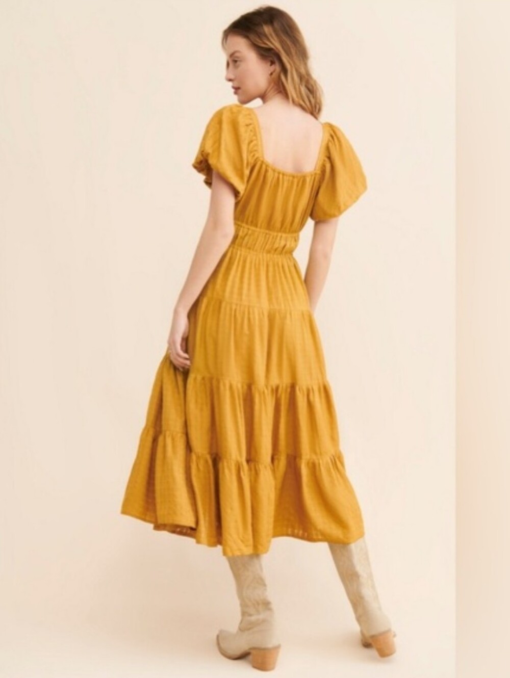 Cleobella Mustard Midi Dress with Puff Sleeves - Picture 2 of 7